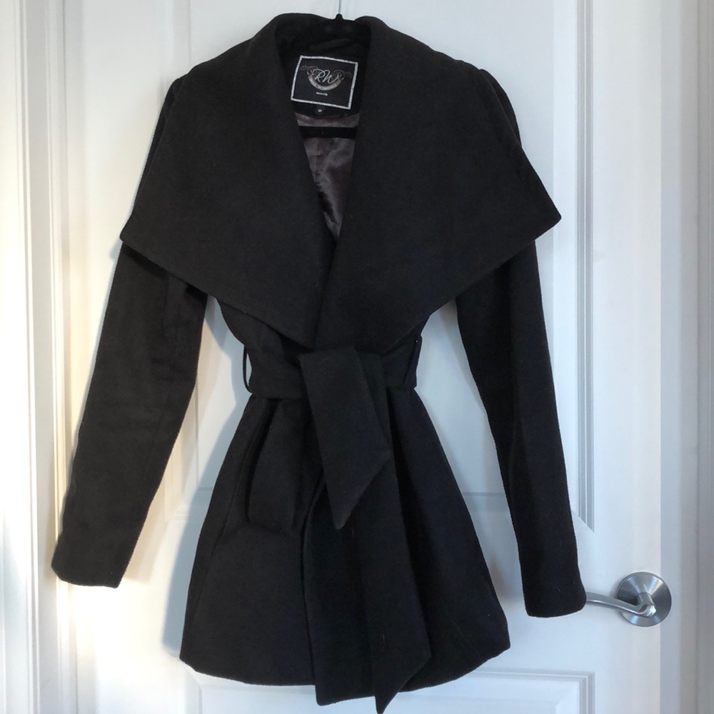 RW&CO. Black Draped Wrap Trench Coat with Tie Belt